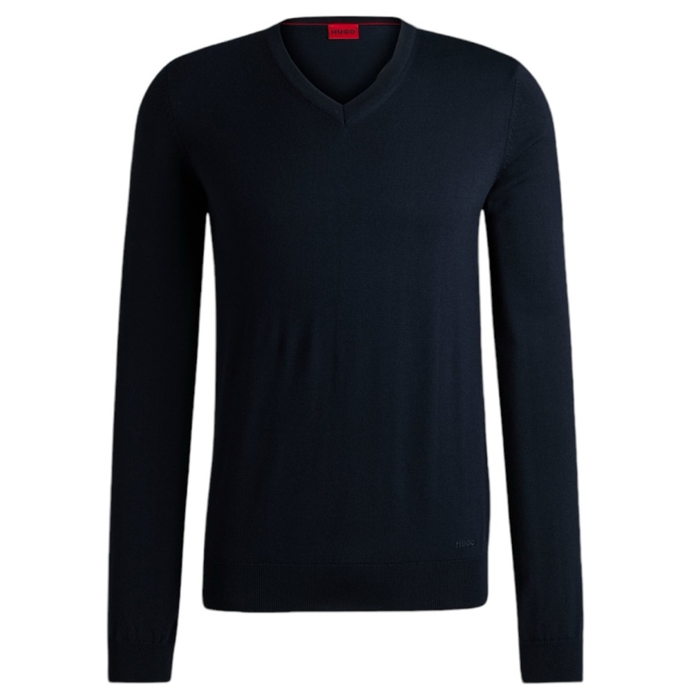 Navy Blue Virgin Wool V Neck Long Sleeve Sweater (XXL)